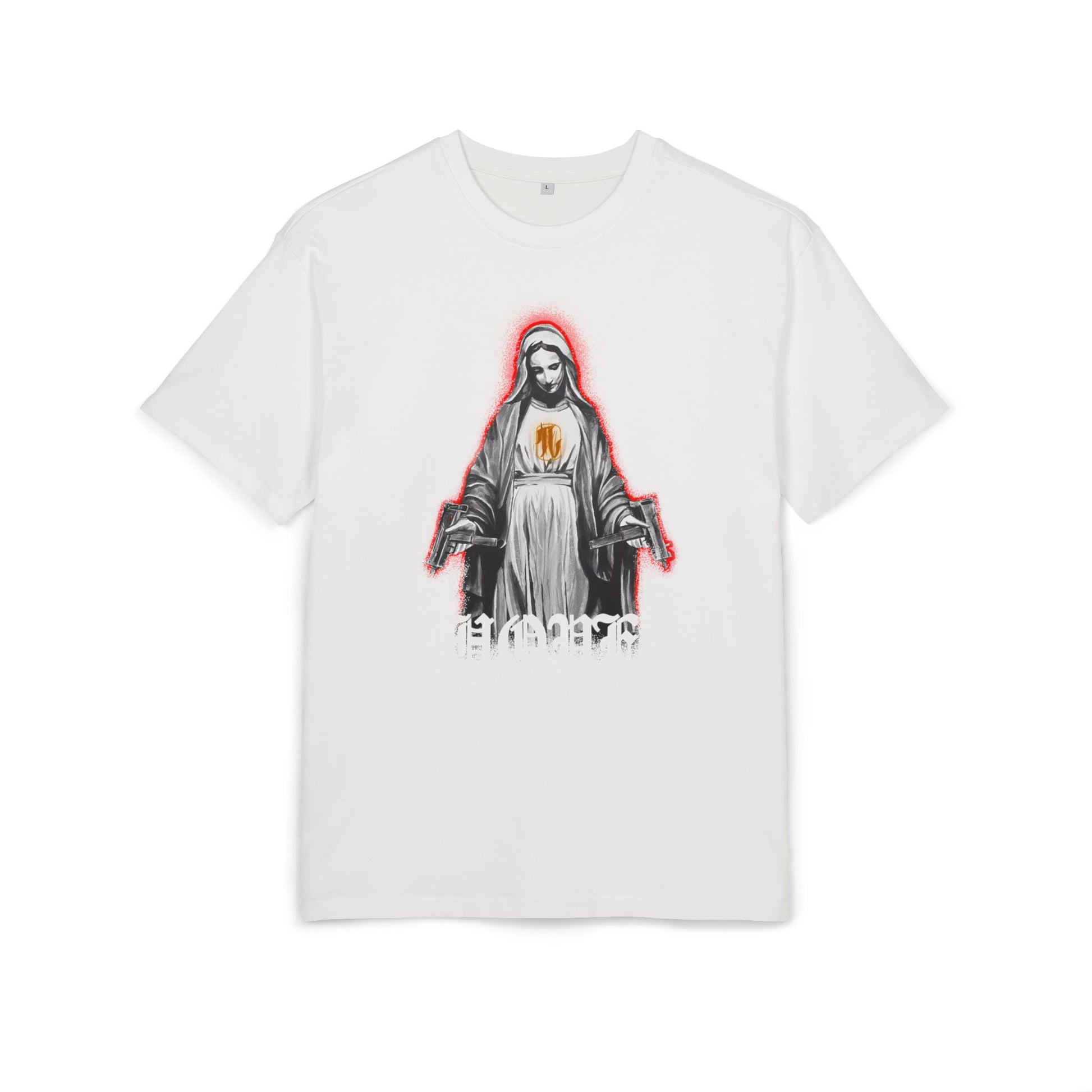 blanc white t-shirt with a graphic print of a figure with a red halo, front