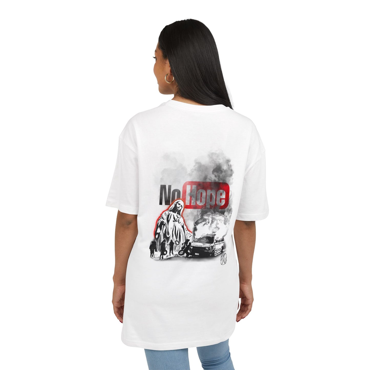 white t-shirt with graphic design and text  "No Hope" on a white background, back