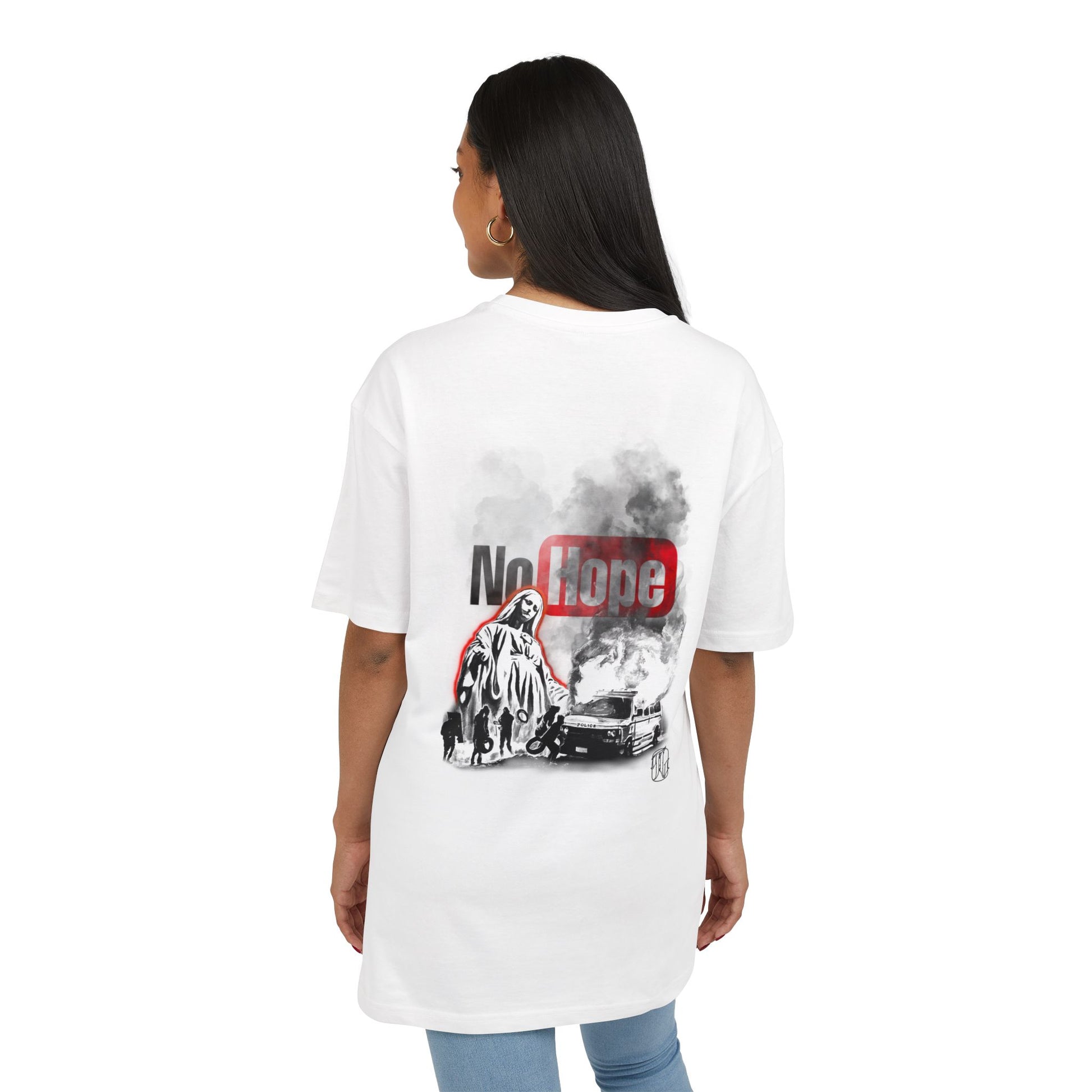 white t-shirt with graphic design and text  "No Hope" on a white background, back