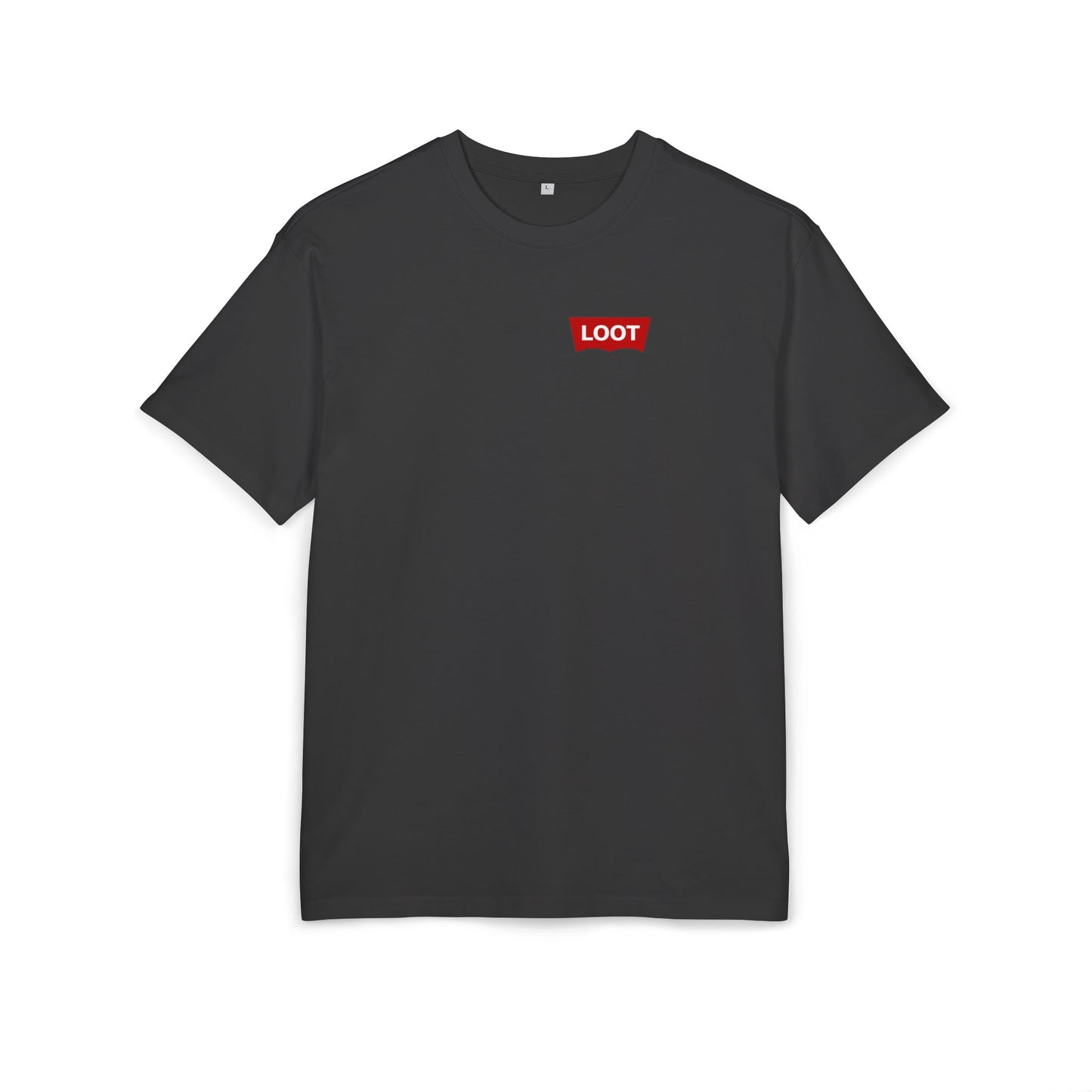 Black t-shirt with a red 'LOOT' logo on a white background, front