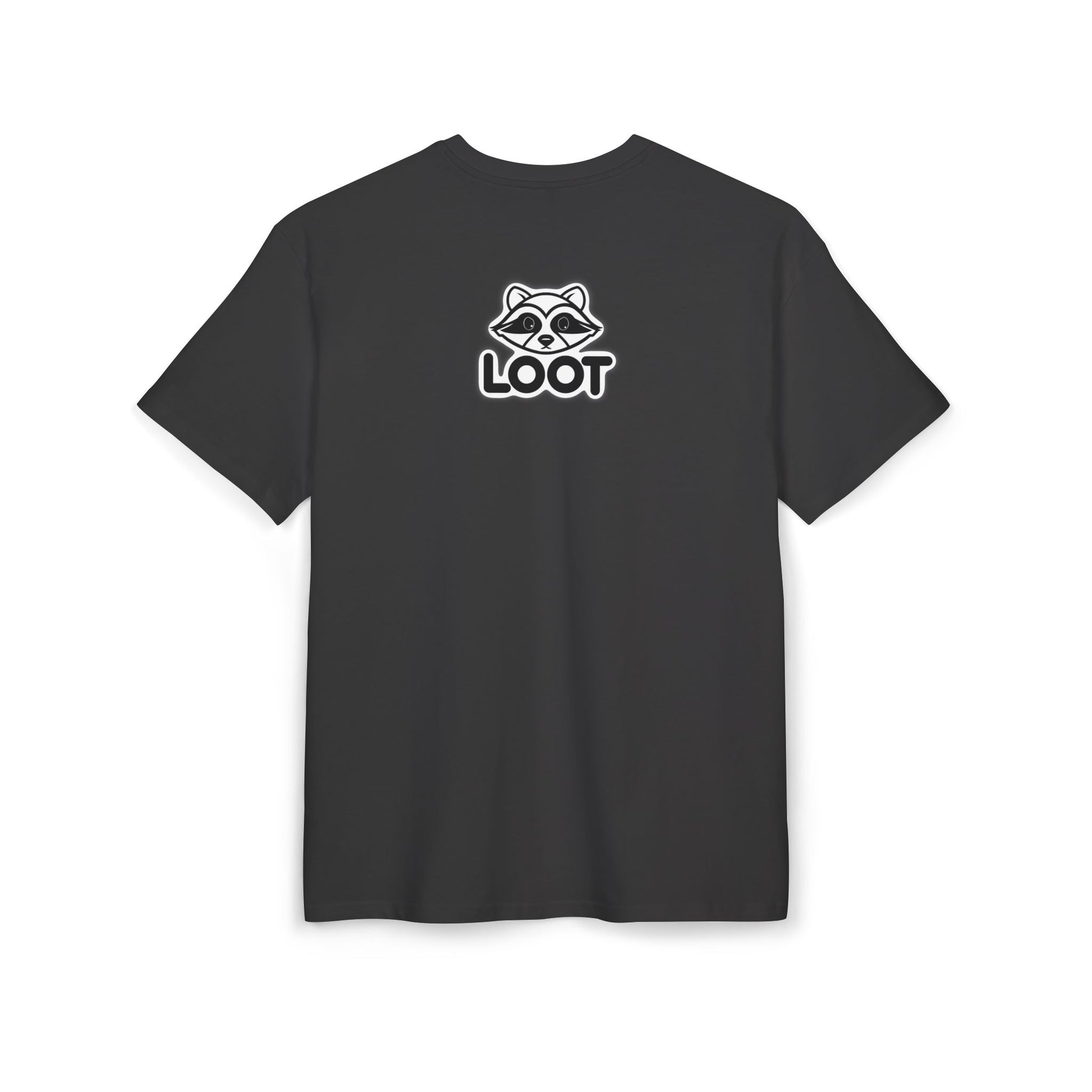 Black t-shirt with 'LOOT' logo on the back against a white background, back