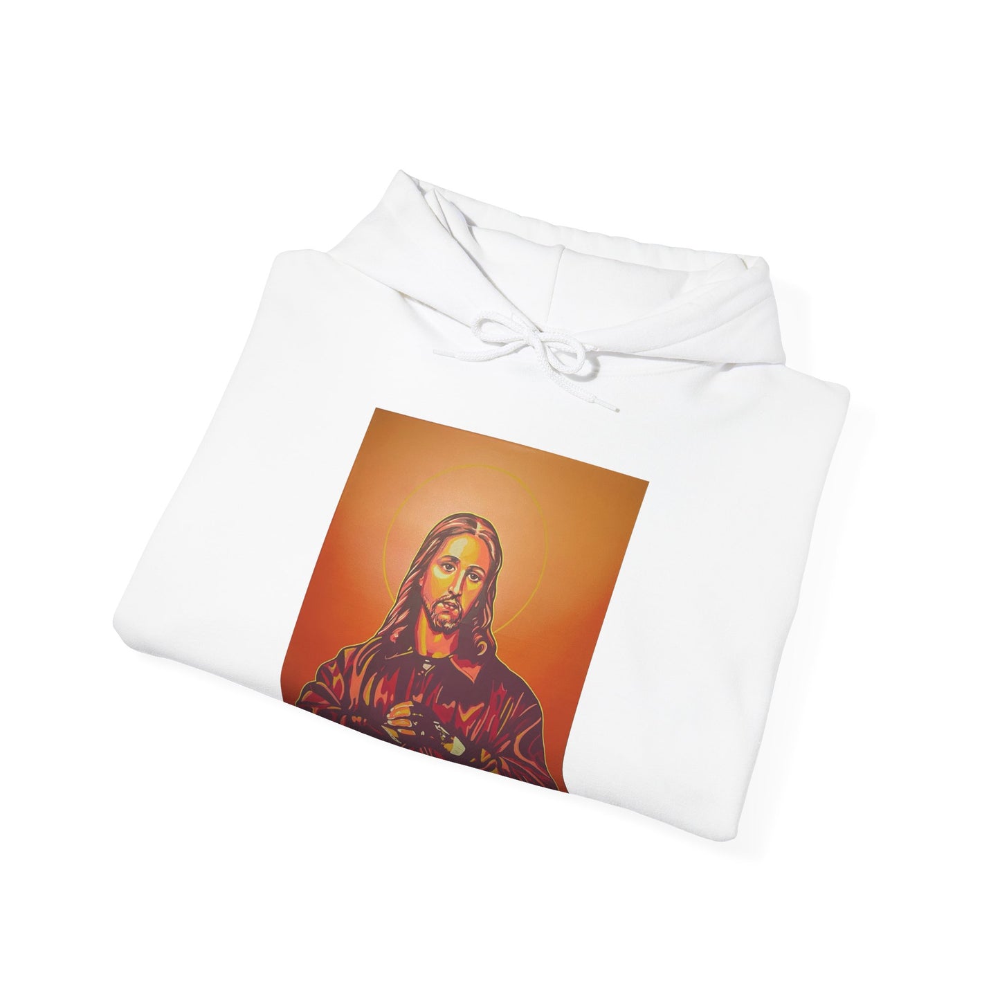 folded white hooded sweatshirt featuring a graphic print of a person on the front, front