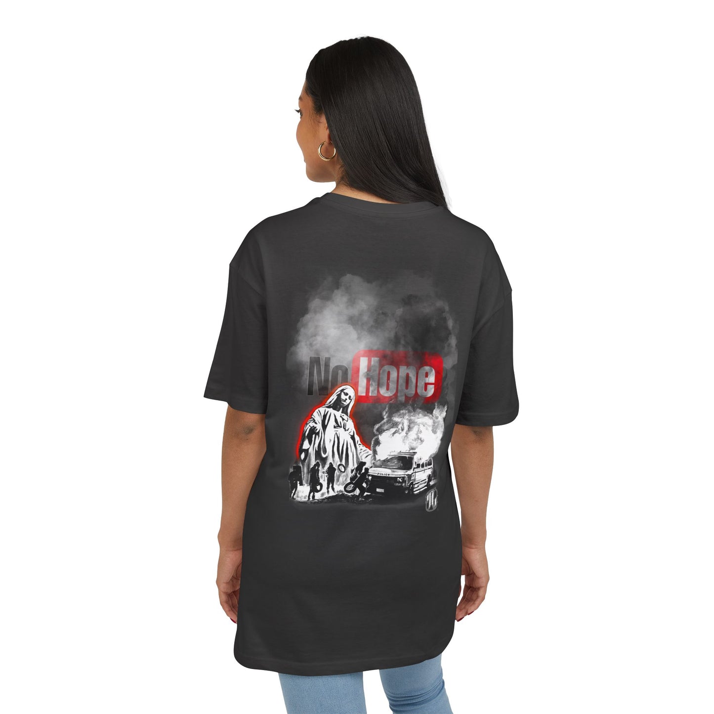 black t-shirt with graphic design and text  "No Hope" on a white background, back