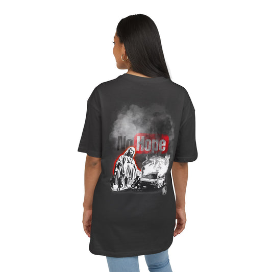 black t-shirt with graphic design and text  "No Hope" on a white background, back