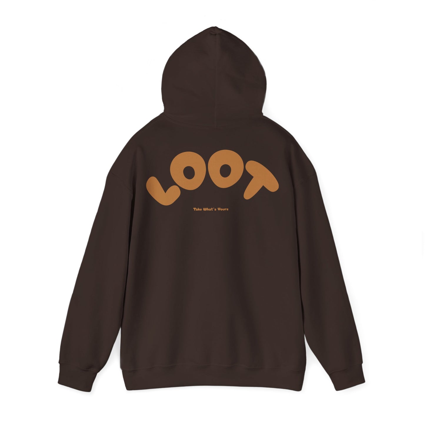 cark chocolate hoodie with 'LOOT' logo on the back against a white background, back