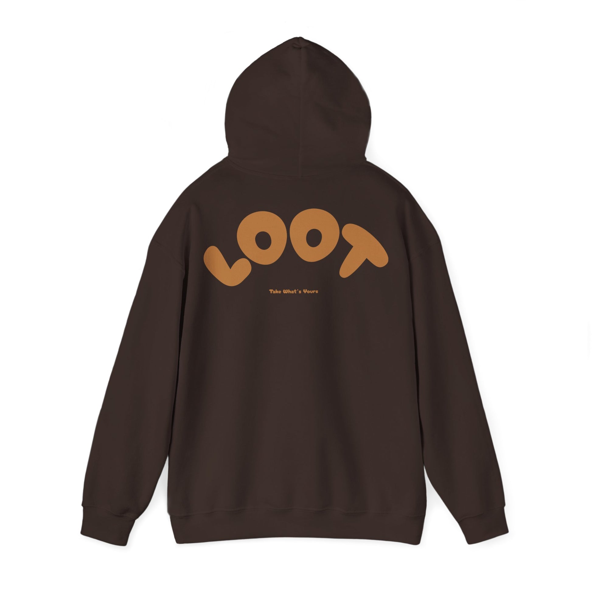 cark chocolate hoodie with 'LOOT' logo on the back against a white background, back