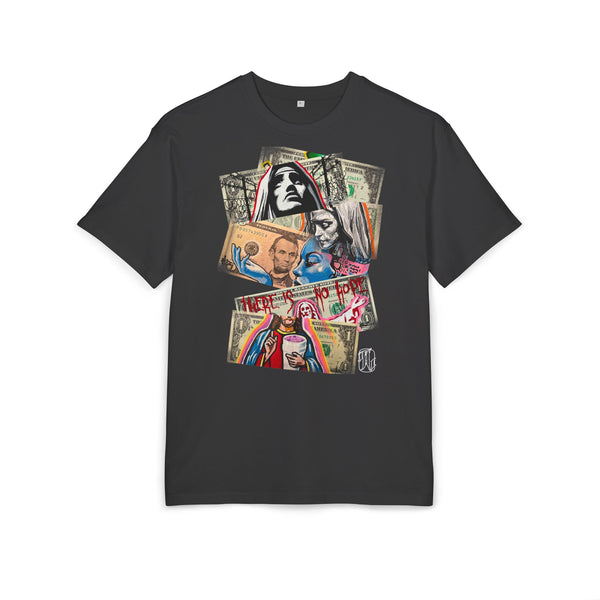 Black t-shirt with graphic design of vintage dollar bills on a whitebackground, art, dollar, front