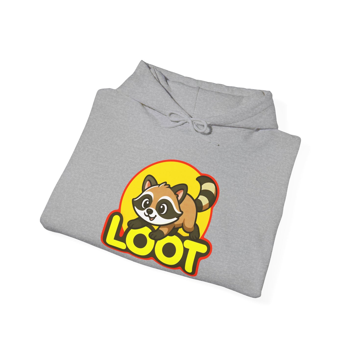 Folded sport gray hoodie with a raccoon graphic and 'LOOT' text on a white background, front
