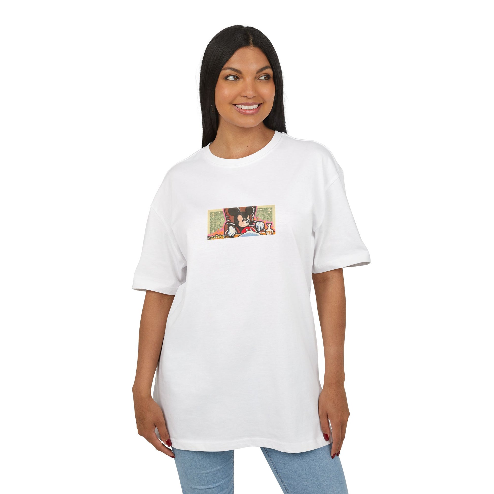 Woman wearing a white t-shirt with graphic dollar design on a white background, front