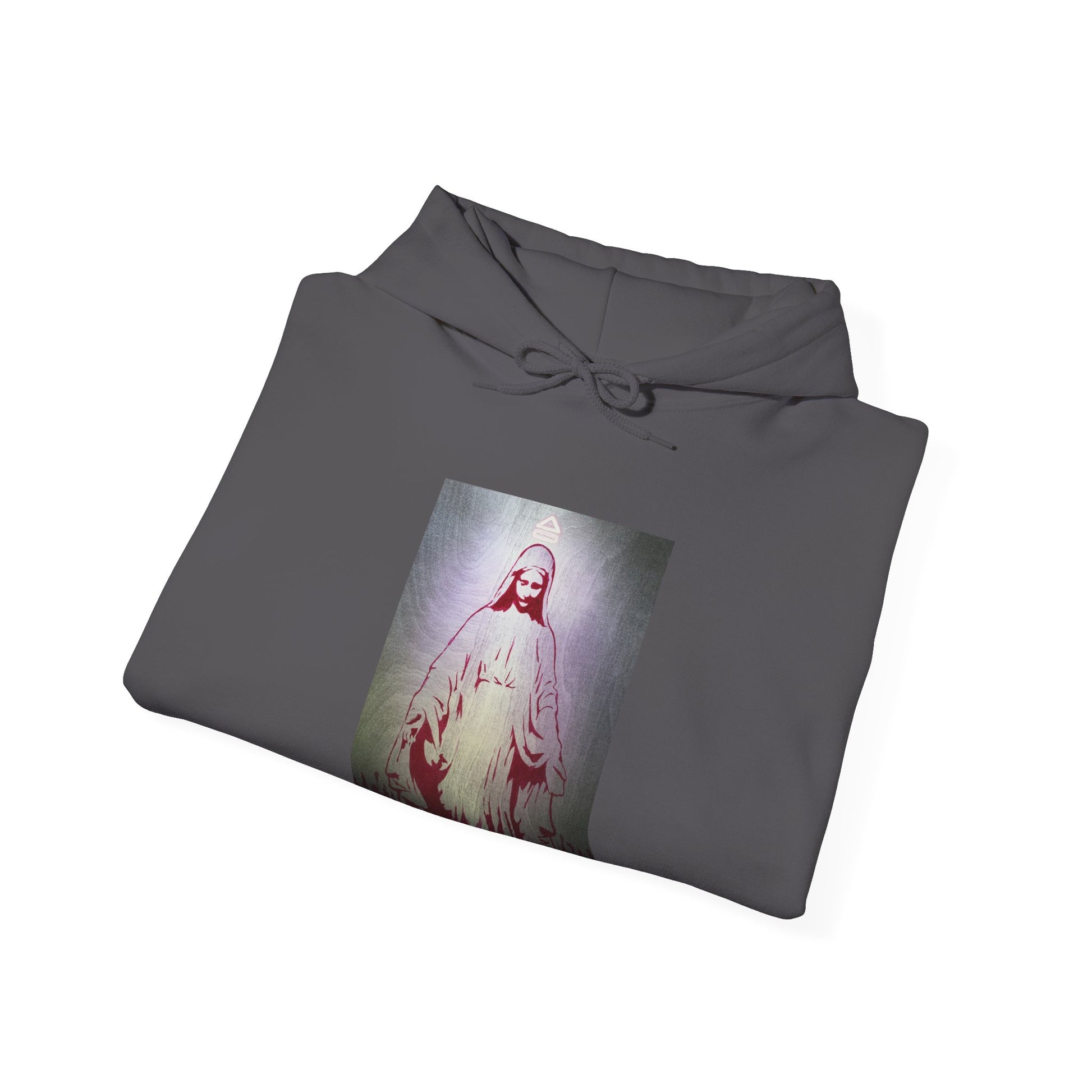 charcoal folded hooded sweatshirt with an image of a female figure in a dress positioned in the center above the waist on white background, front