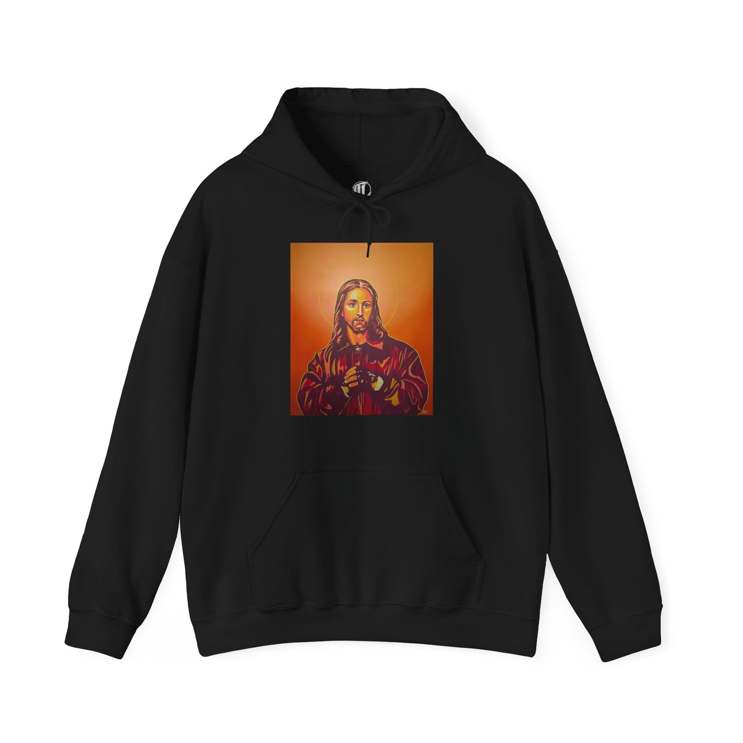 black hooded sweatshirt featuring a graphic print of a person on the front, front