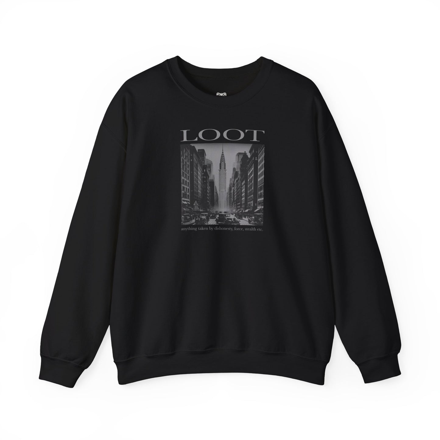 black sweatshirt with black and white graphic and 'LOOT' text on a white background, front