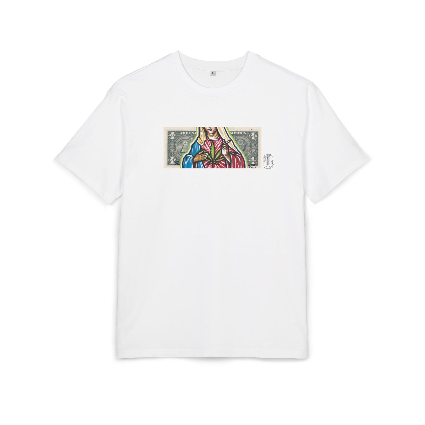 White t-shirt with a colorful graphic of maryjane on a white background, front