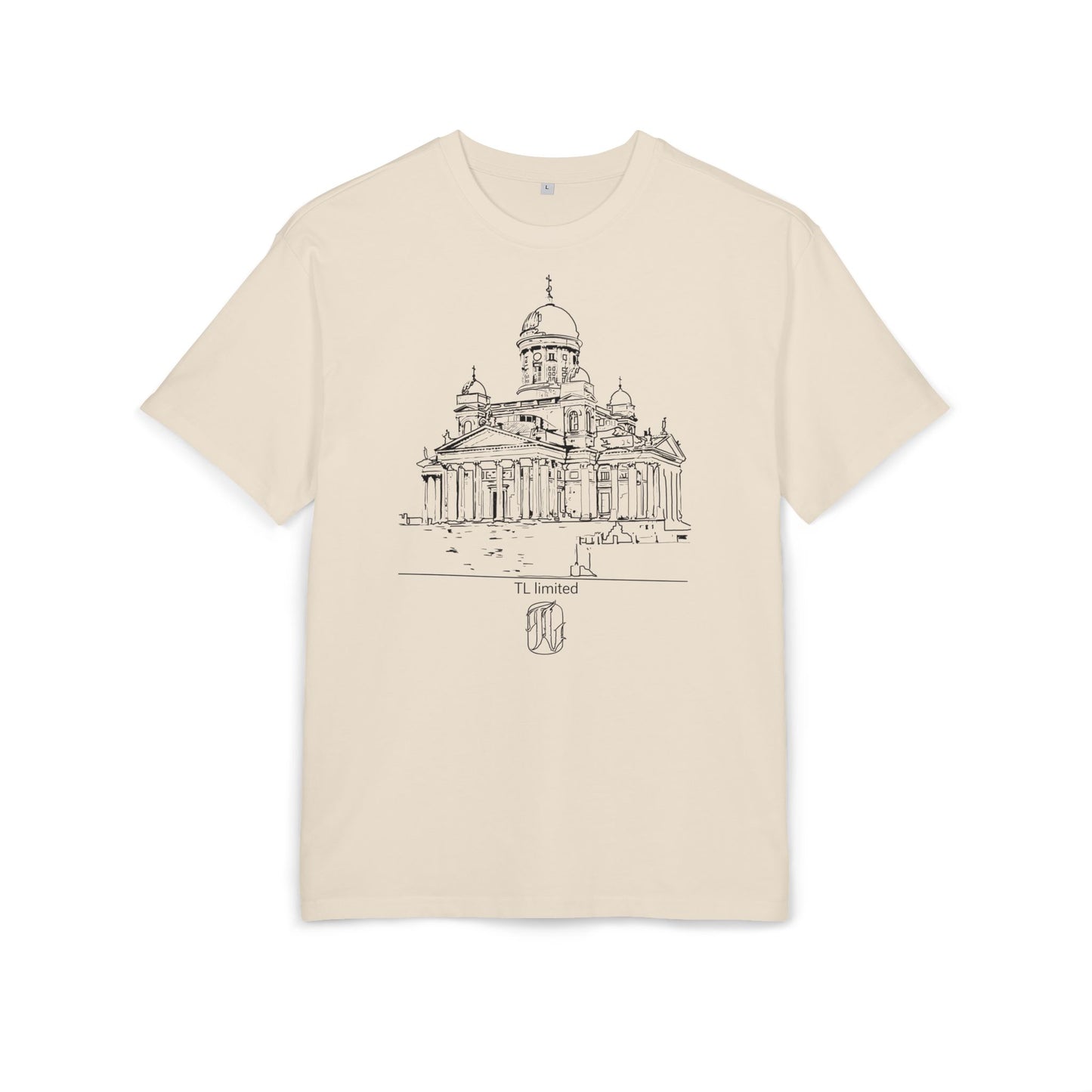 Sand t-shirt with architectural design on a white background, front