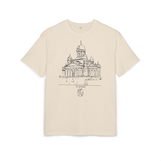 Sand t-shirt with architectural design on a white background, front