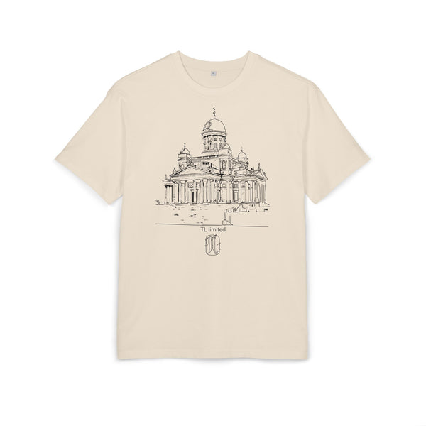 Sand t-shirt with architectural design on a white background, front