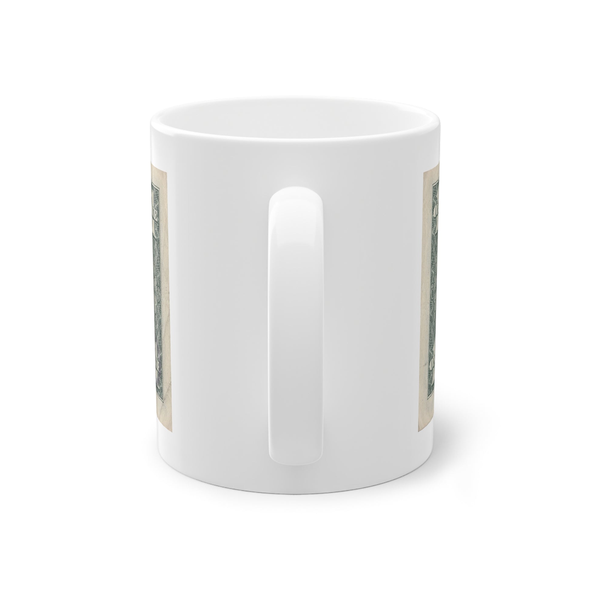 Mug with a dog design on a dollar bill background, back