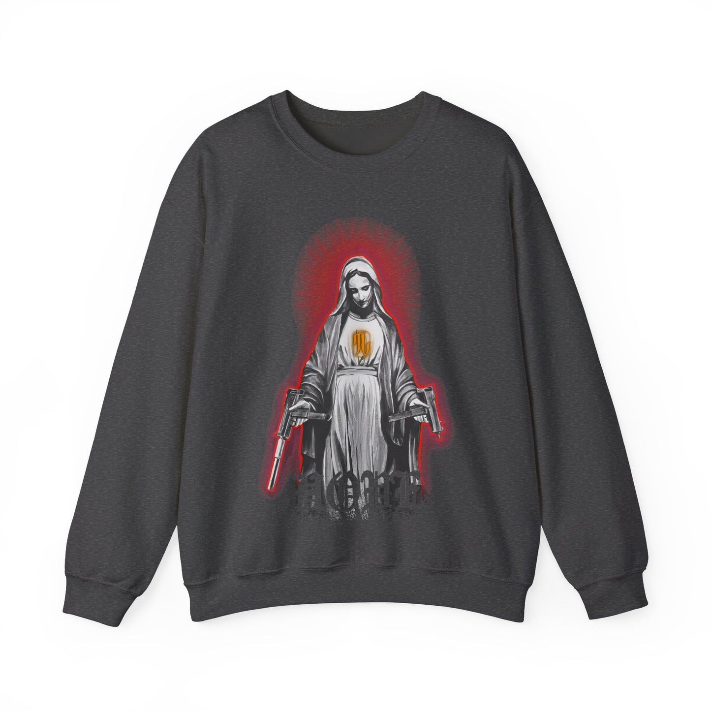 dark heather crewneck sweatshirt with a graphic print of a religious figure on the front with guns, front