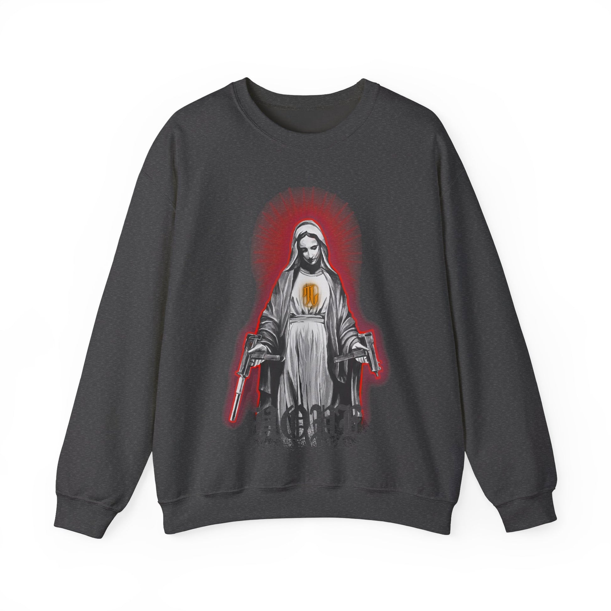 dark heather crewneck sweatshirt with a graphic print of a religious figure on the front with guns, front