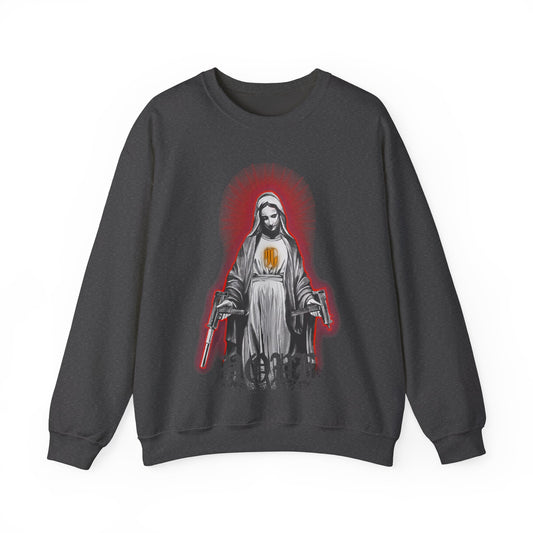 dark heather crewneck sweatshirt with a graphic print of a religious figure on the front with guns, front