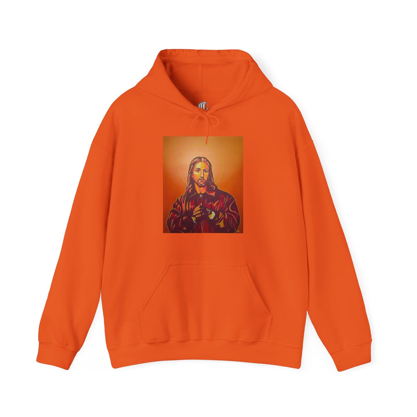 orange hooded sweatshirt featuring a graphic print of a person on the front, front