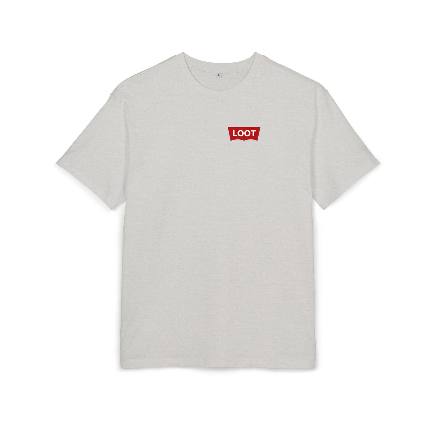 Gray t-shirt with a red 'LOOT' logo on a white background, front