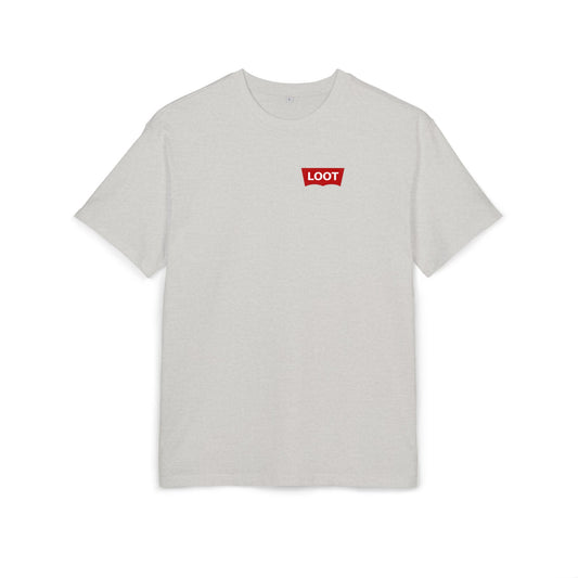 Gray t-shirt with a red 'LOOT' logo on a white background, front