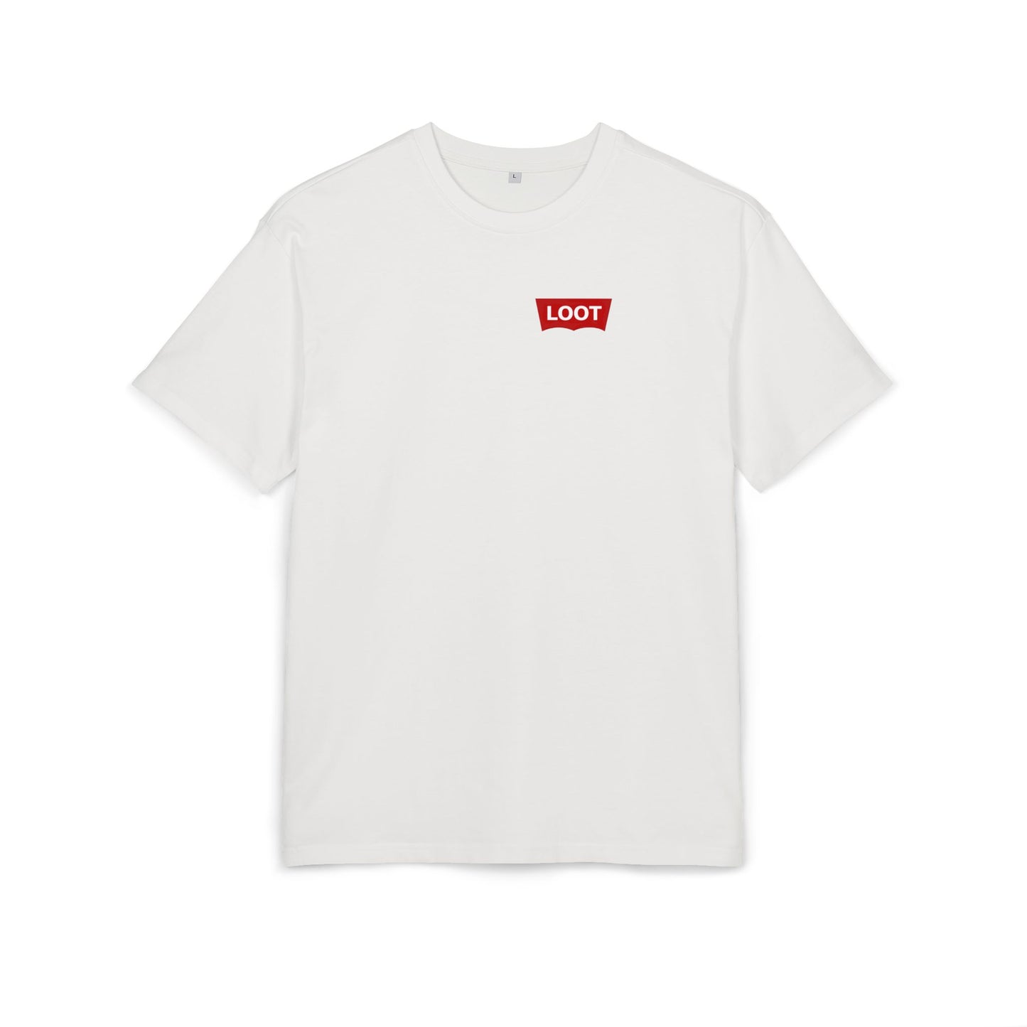 White t-shirt with a red 'LOOT' logo on a white background, front
