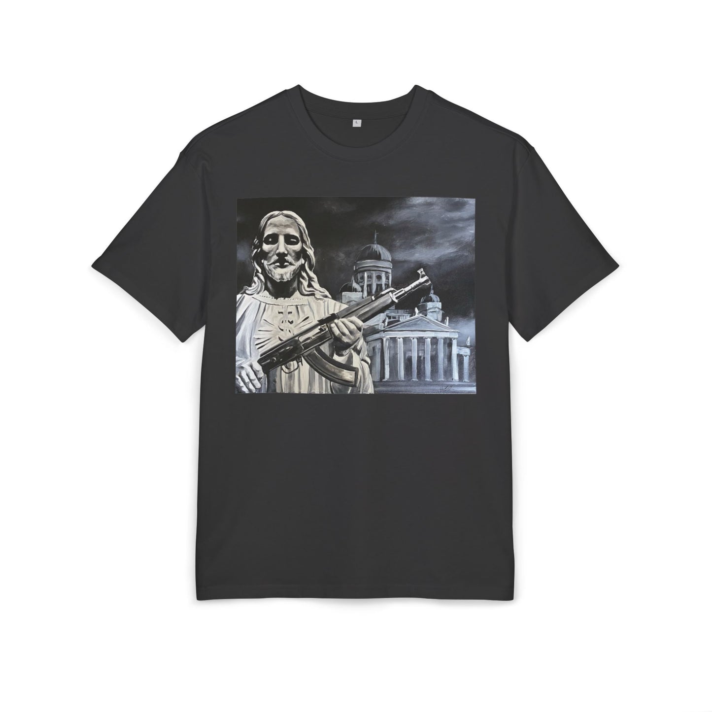 Black t-shirt with a graphic of a statue holding a rifle on a white background, front