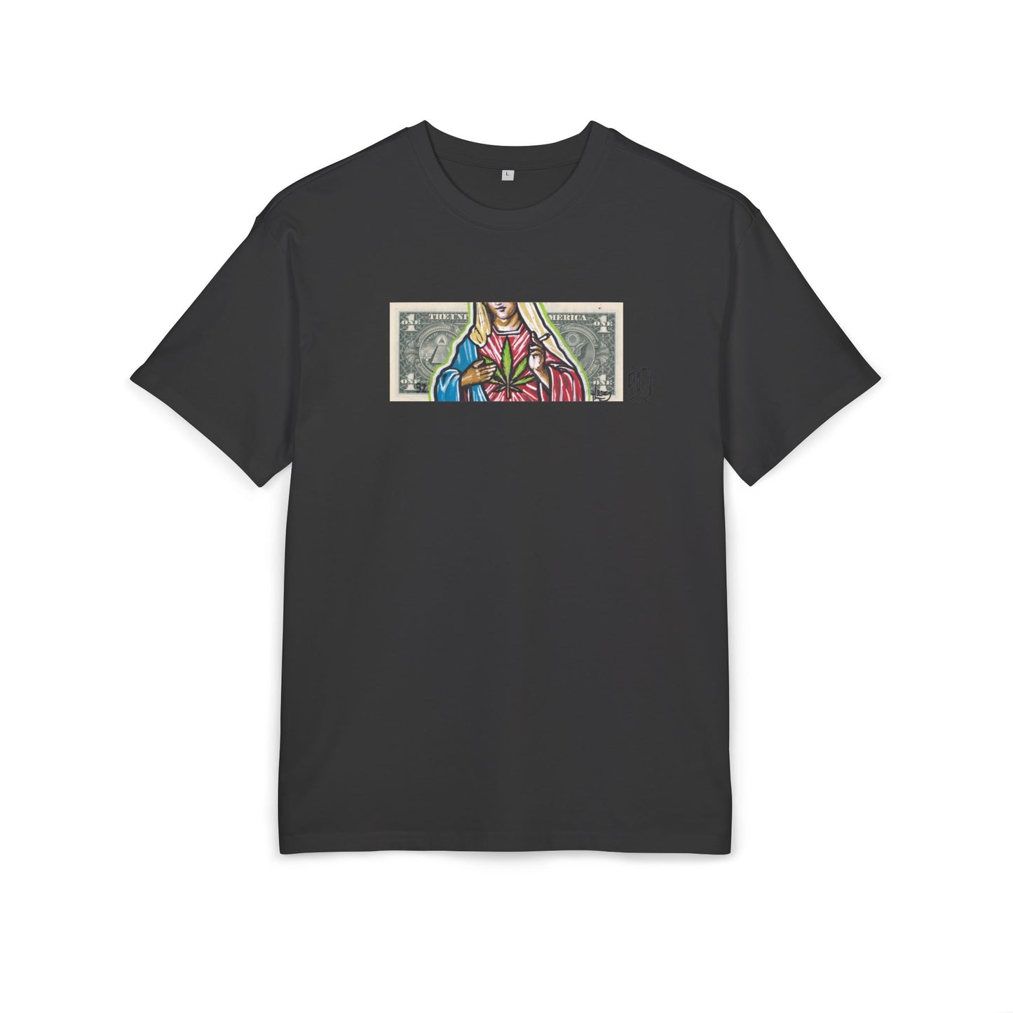 Black t-shirt with a colorful graphic of a maryjane on a white background, front