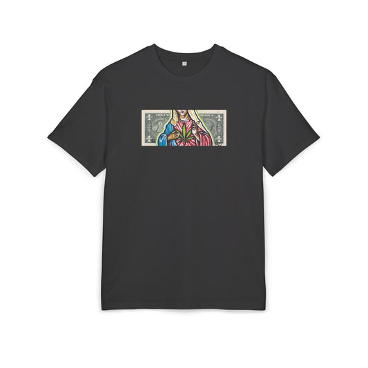 Black t-shirt with a colorful graphic of a maryjane on a white background, front