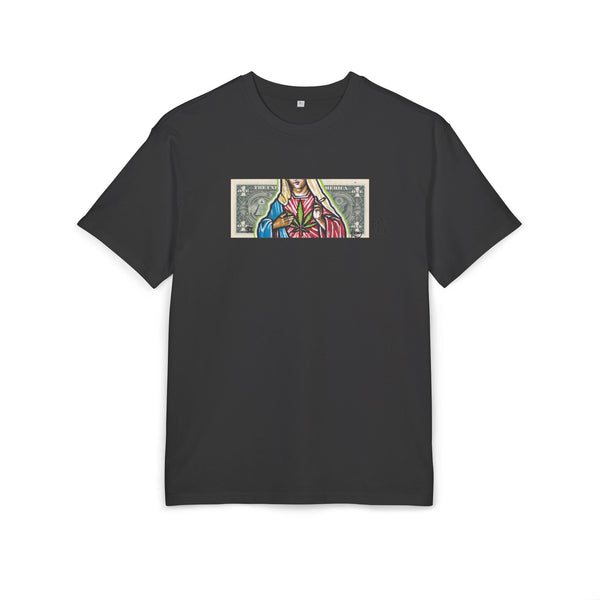 Black t-shirt with a colorful graphic of a maryjane on a white background, front