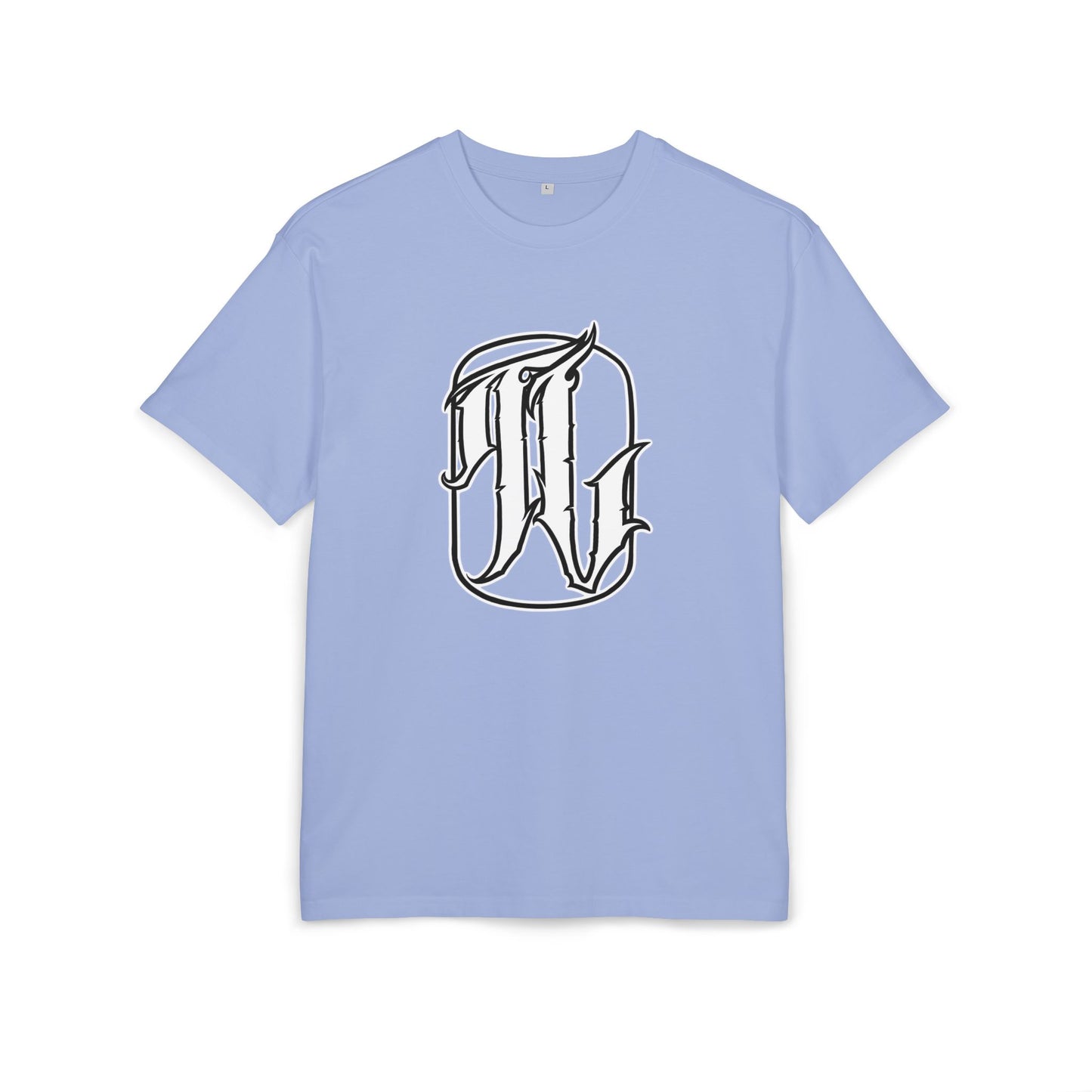 viola blue t-shirt with a white logo on a white background, front