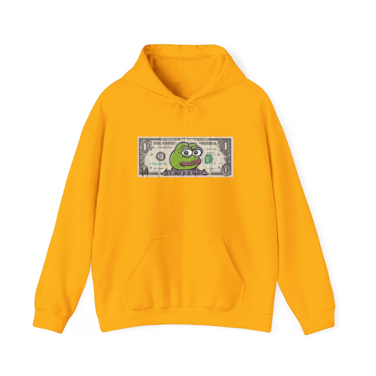 Yellow hoodie with a graphic of a dollar bill featuring a frog on a white background, front
