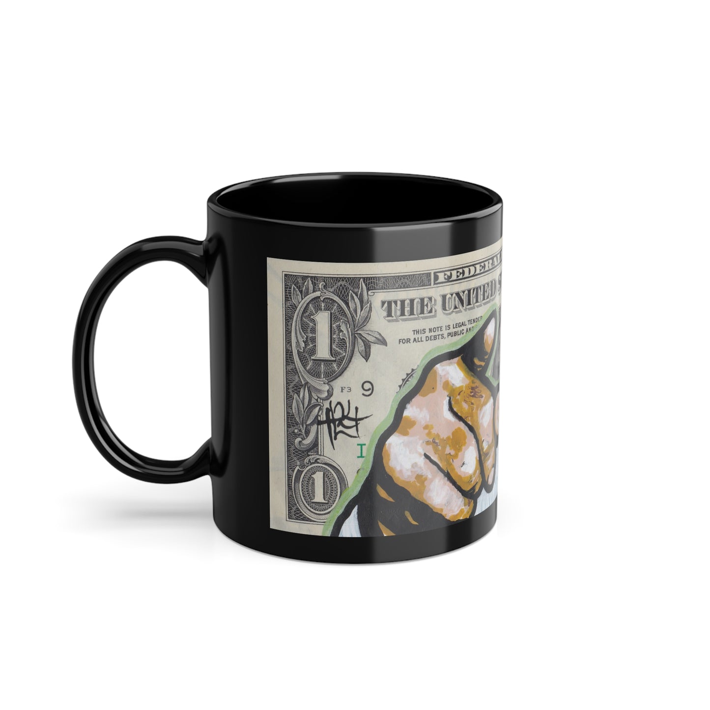 Black mug with a one-dollar bill design on a white background, side