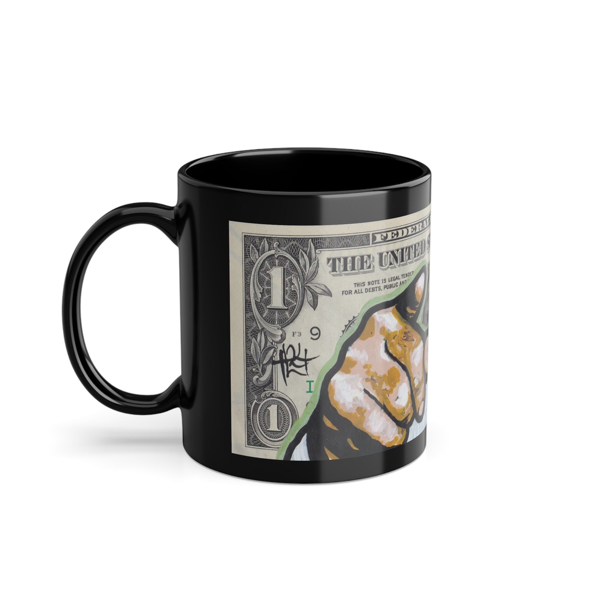 Black mug with a one-dollar bill design on a white background, side