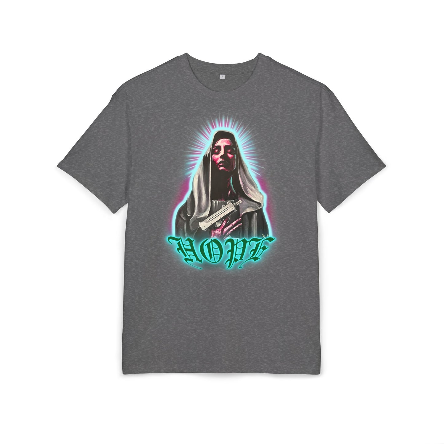 charcoal heather t-shirt with a graphic print of a character and the word 'HOPE', front