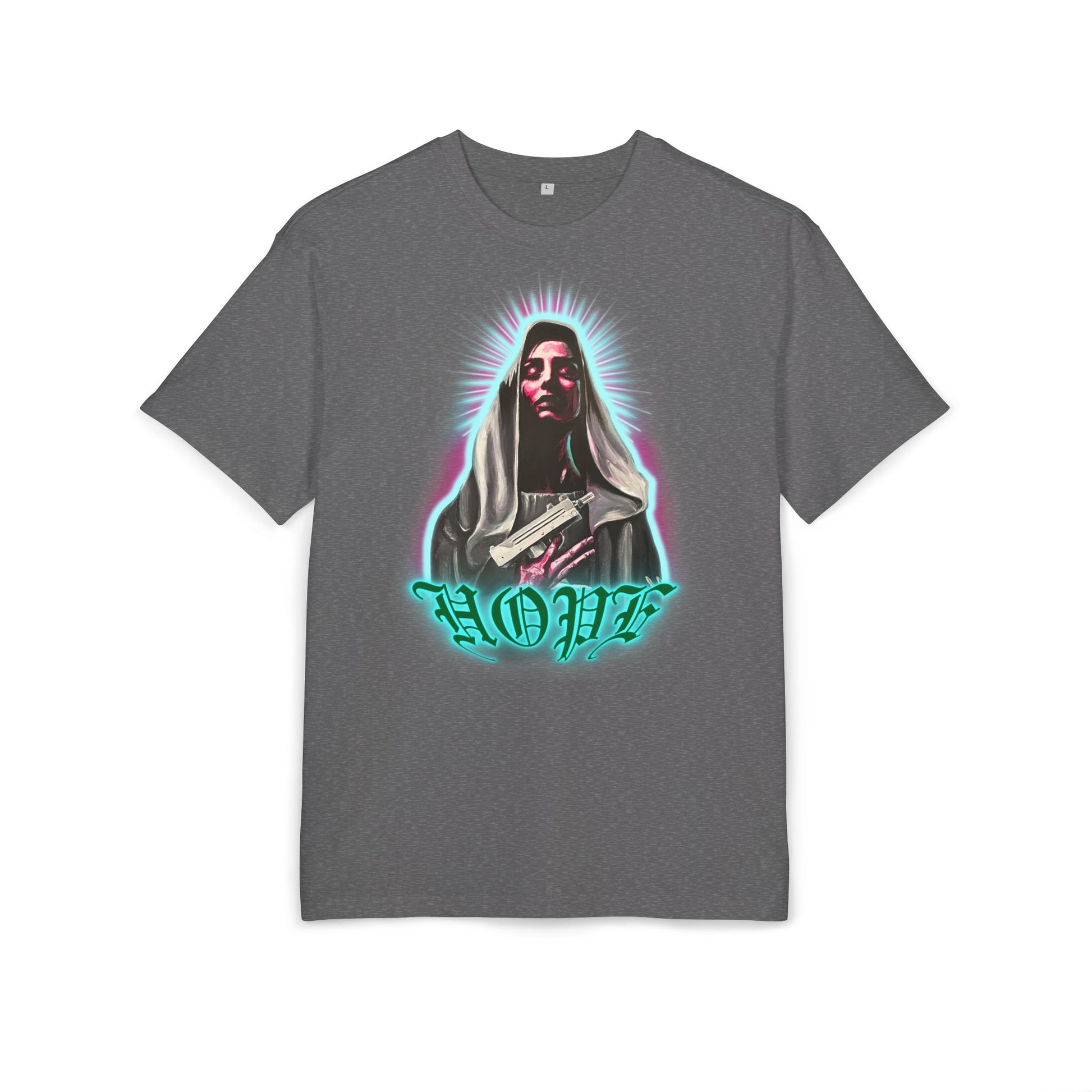 charcoal heather t-shirt with a graphic print of a character and the word 'HOPE', front