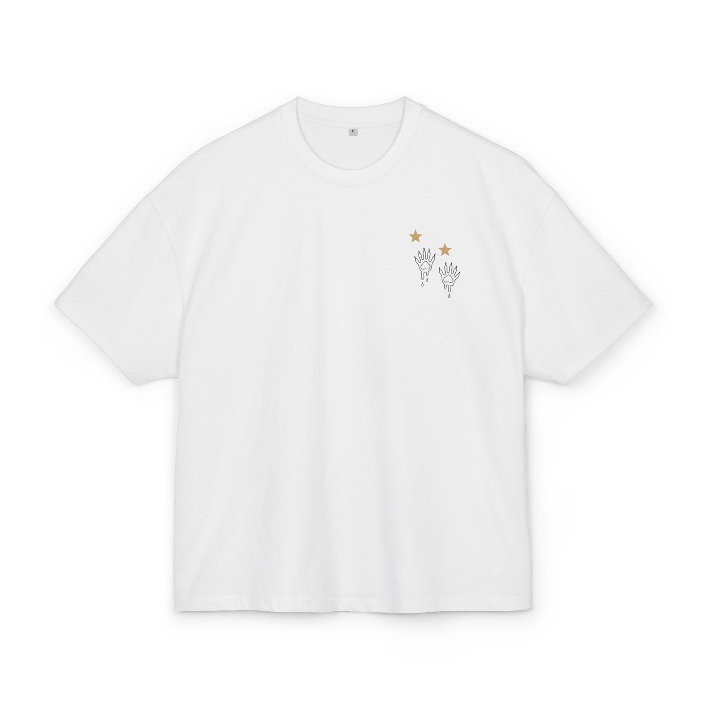 White t-shirt with small graphic raccoon prints and stars on a white background, front