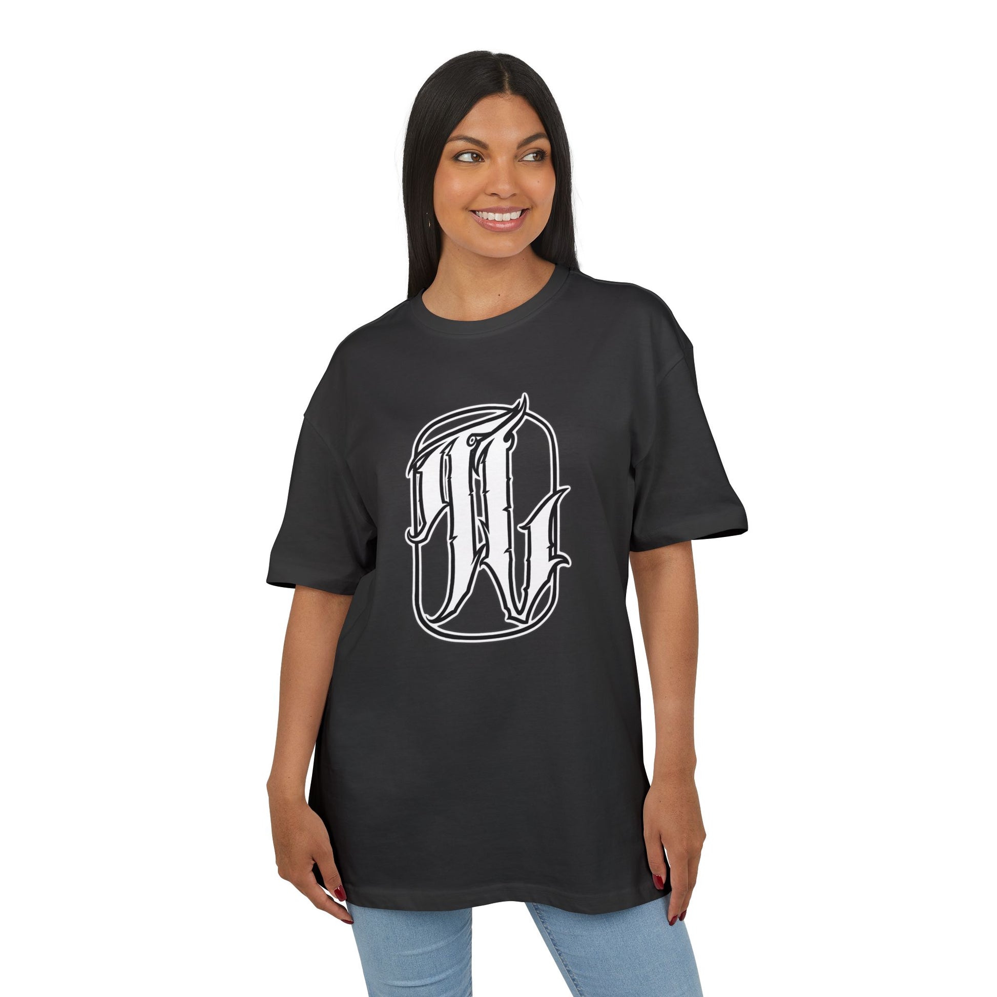 Woman wearing a t-shirt with a white logo on a white background, front