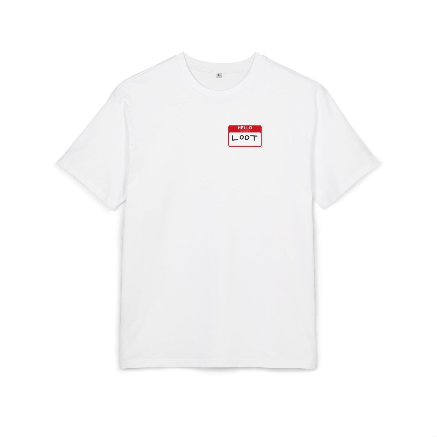 White t-shirt with a red and white label on a white background, front