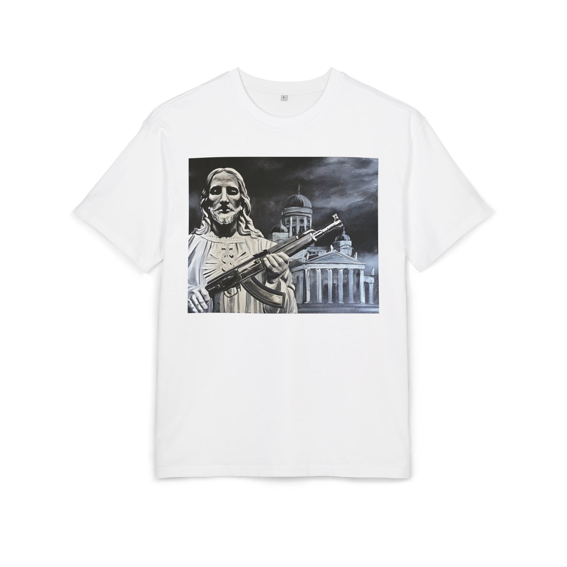 white t-shirt with a graphic of a statue holding a rifle on a white background, front