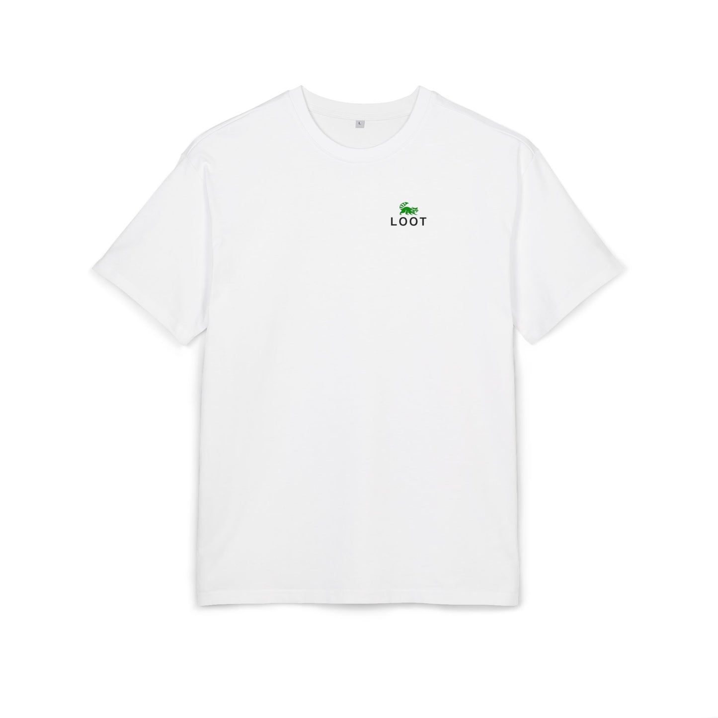 White t-shirt with a green logo on a white background, front