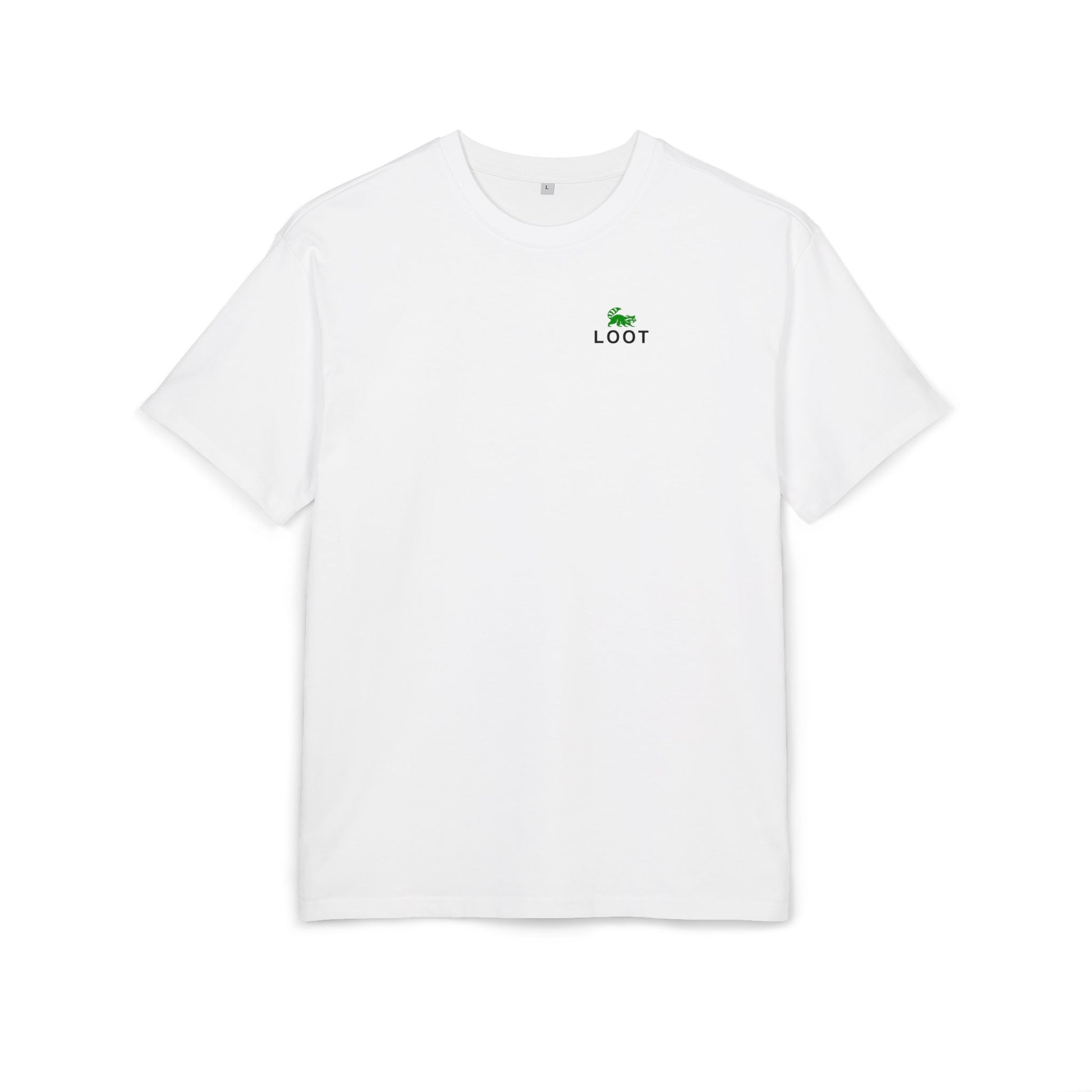 White t-shirt with a green logo on a white background, front