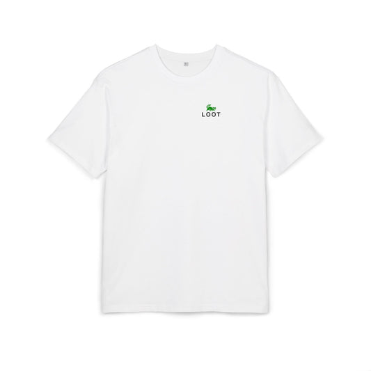 White t-shirt with a green logo on a white background, front