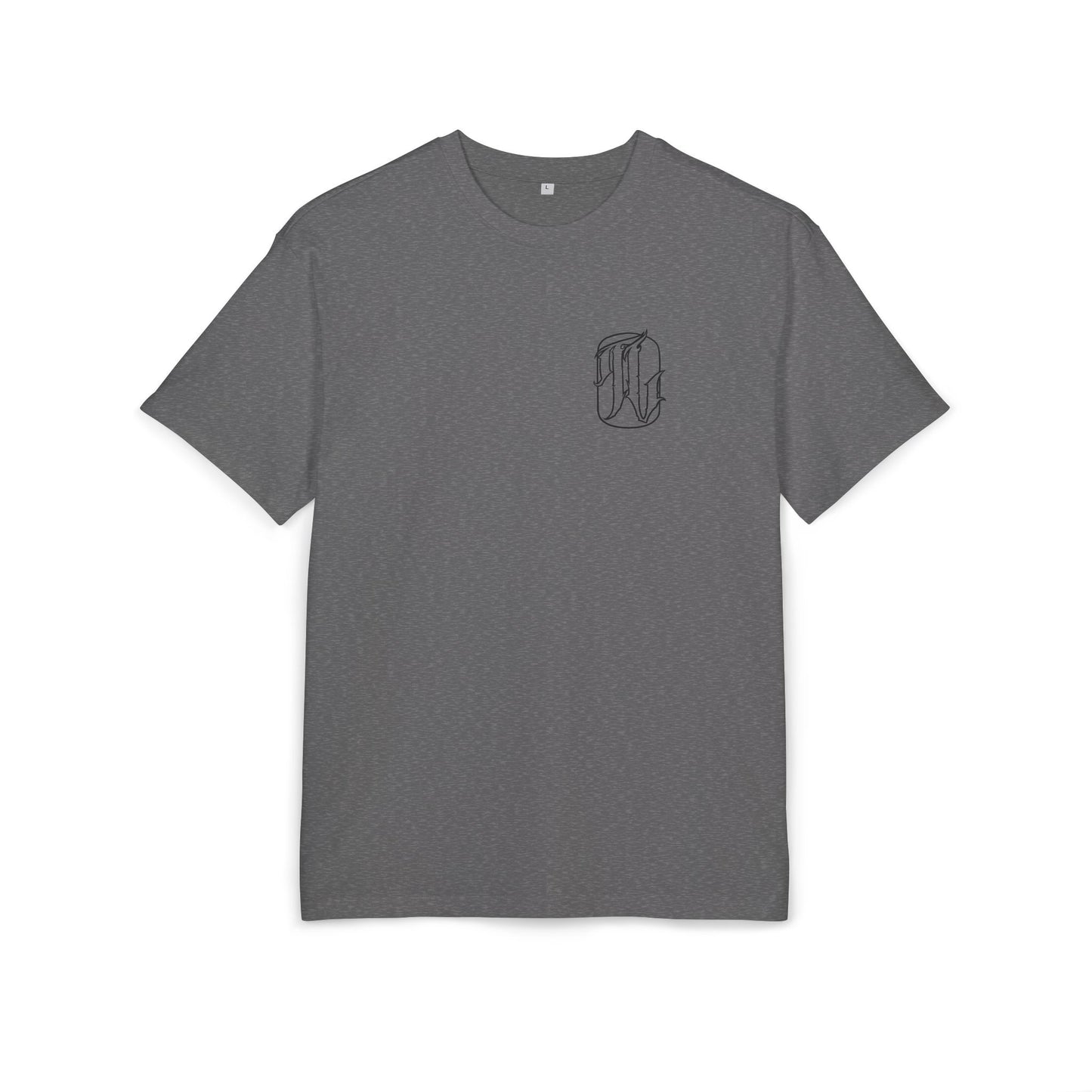 charcoal heather t-shirt with a small logo on the chest against a white background, front