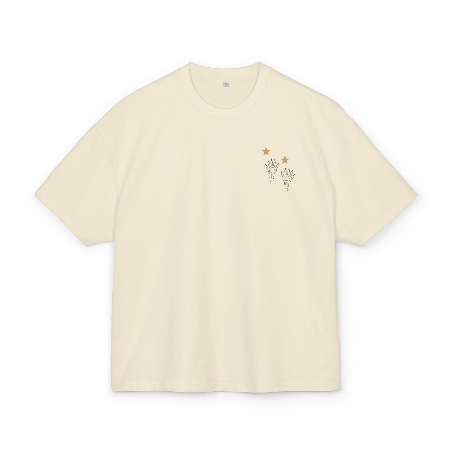 sand t-shirt with small graphic raccoon prints and stars on a white background, front