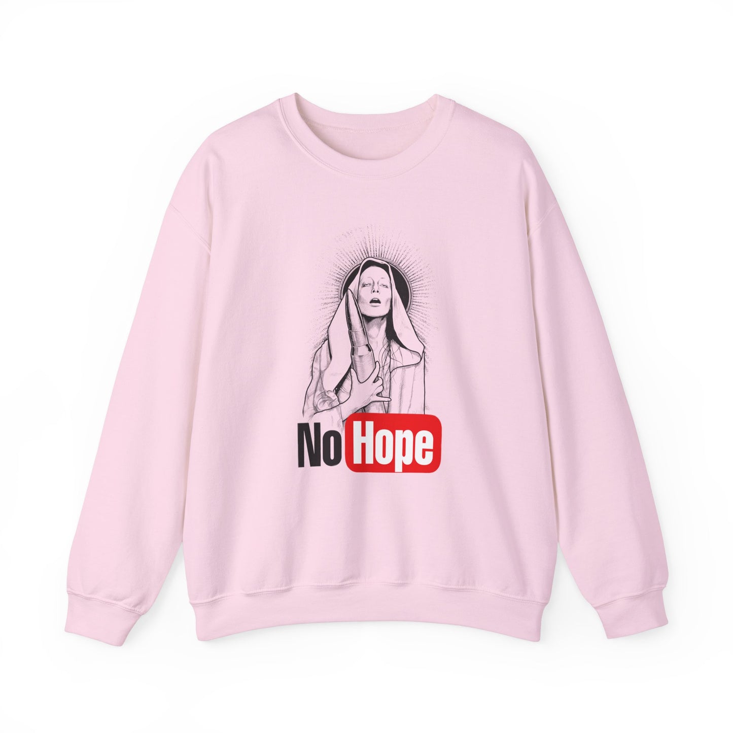 light pink crewneck sweatshirt with a graphic print of a person and the text 'No Hope' on the front, front