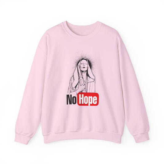 light pink crewneck sweatshirt with a graphic print of a person and the text 'No Hope' on the front, front