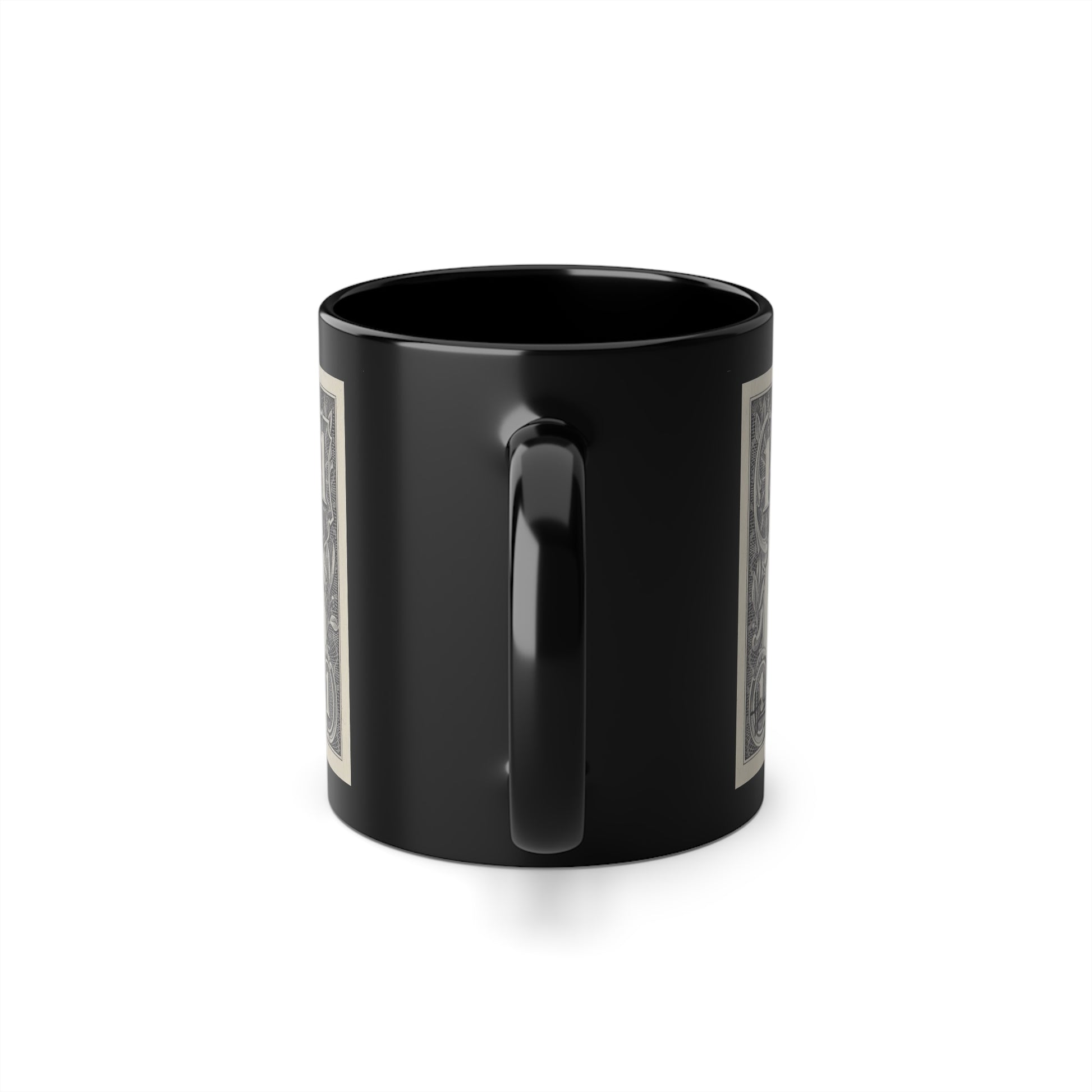 A black ceramic coffee mug with a glossy finish dollar art, featuring a white heart and the word 'LOVE' printed on the side, back